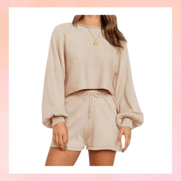 Ribbed Knit Lounge Set (Sweater & Shorts) -Beige Small - Picture 1 of 5